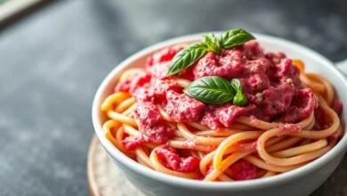 Fettuccini de cor vibrante envolto em molho aveludado de beterraba, finalizado com folhas de manjericão e um fio de azeite.