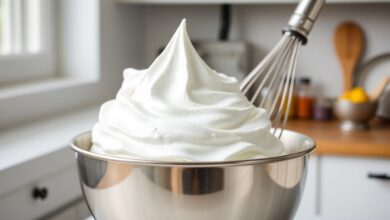 Tigela de metal com merengue branco, brilhante e em picos firmes, pronto para uso, demonstrando a técnica de recuperação.