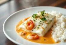 Um filé de merluza macio e branco, banhado por um molho cremoso e corado com camarões rosa, decorado com salsinha fresca.