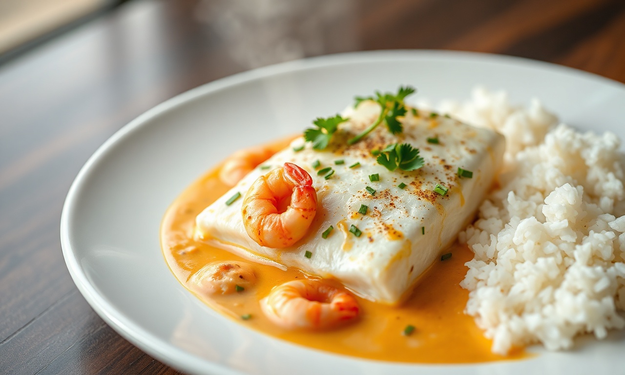 Merluza Ao Molho De Camarão Cremoso: Pronta Em 35 Min 3 Um filé de merluza macio e branco, banhado por um molho cremoso e corado com camarões rosa, decorado com salsinha fresca.