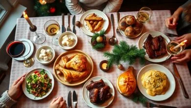Vista de uma mesa de Natal posta com os sete pratos principais, incluindo fricassê dourado, salpicão, costela e bacalhau.