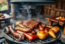 A grelha repleta de carnes douradas e suculentas, pronta para servir uma grande confraternização.