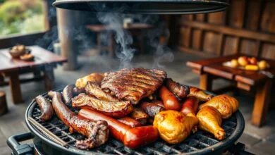 A grelha repleta de carnes douradas e suculentas, pronta para servir uma grande confraternização.