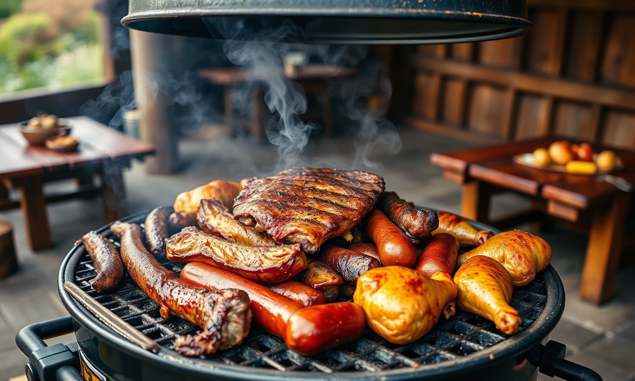 A grelha repleta de carnes douradas e suculentas, pronta para servir uma grande confraternização.