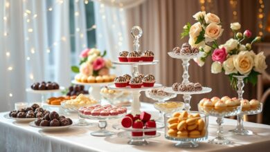 Visão panorâmica de uma candy bar elegante e colorida, com doces variados em suportes de alturas diferentes, pronta para receber os convidados.