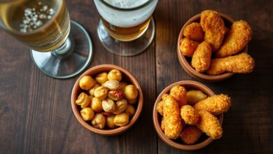 Uma mesa rústica com tigelas de barro contendo amendoim picante dourado, batatas calabresa crocantes e sambiquira de frango empanado, ao lado de um copo de cerveja Pilsen gelada.