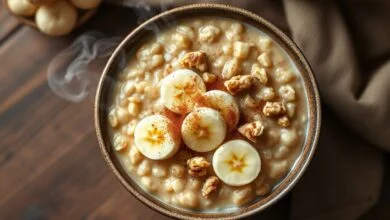 Tigela aconchegante de mingau de aveia cremoso, com cor caramelo clara e cobertura de frutas e castanhas.