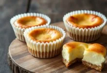 Porções individuais de cheesecake com base crocante de biscoito e creme dourado, perfeitas para servir em festas ou brunch.