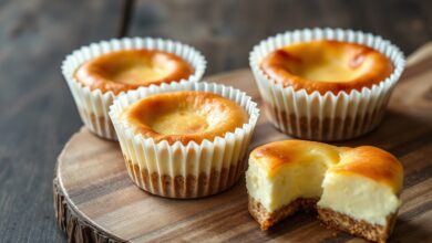 Porções individuais de cheesecake com base crocante de biscoito e creme dourado, perfeitas para servir em festas ou brunch.