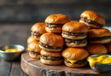 Uma porção de mini hambúrgueres dourados e firmes, perfeitos para festas e lanches rápidos.
