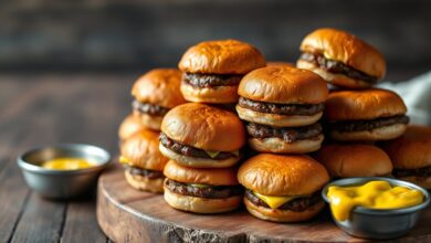 Uma porção de mini hambúrgueres dourados e firmes, perfeitos para festas e lanches rápidos.
