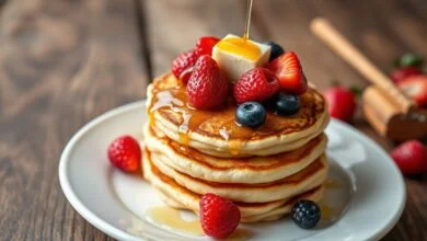 Empilhamento de mini panquecas douradas e fofas, decoradas com frutas vermelhas frescas e um fio de mel brilhante.