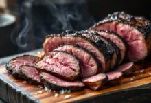 Seleção de carnes fatiadas com textura suculenta e fumaça leve