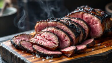 Seleção de carnes fatiadas com textura suculenta e fumaça leve
