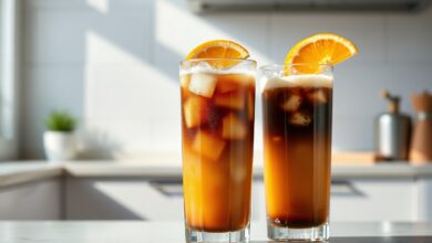 Dois copos longos com a bebida marrom-dourada, gelo abundante, espuma clara no topo e uma fatia de laranja como decoração.