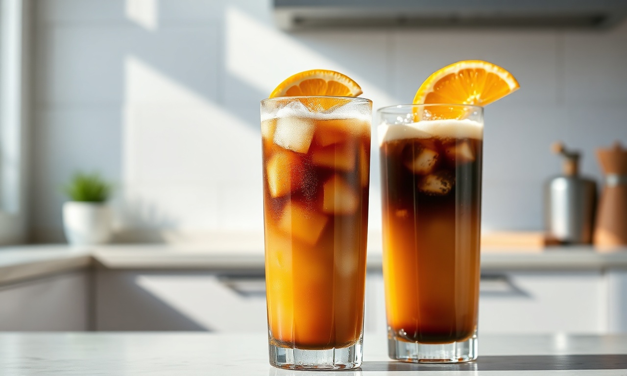 Dois copos longos com a bebida marrom-dourada, gelo abundante, espuma clara no topo e uma fatia de laranja como decoração.