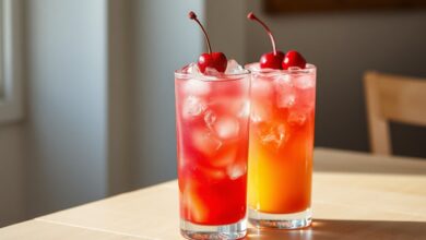 Dois copos elegantes com o drink finalizado, destacando as camadas de cores e a decoração com cerejas frescas.