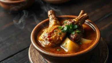 Ensopado de mocotó com caldo dourado e encorpado, pedaços de carne macia e coentro fresco.