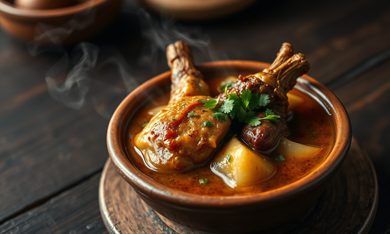 Ensopado de mocotó com caldo dourado e encorpado, pedaços de carne macia e coentro fresco.