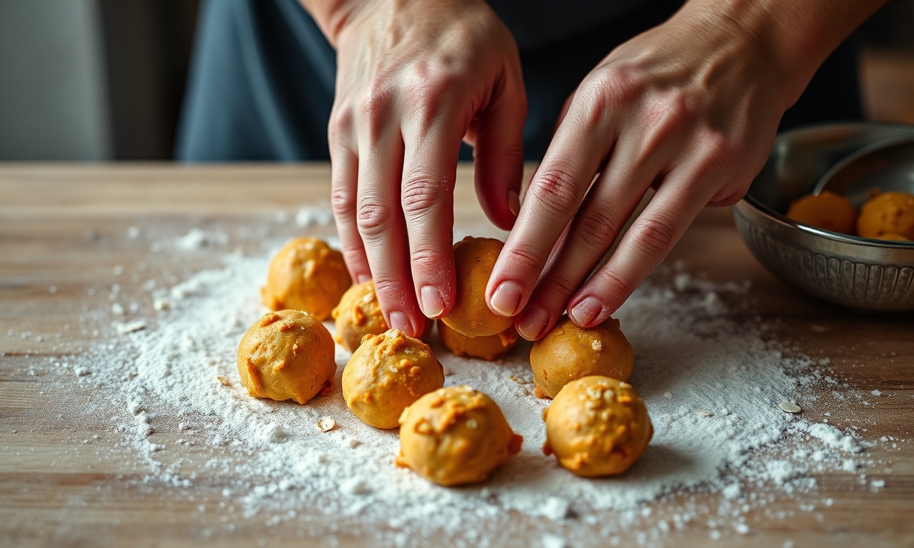 Pãozinho De Batata-Doce Fit: 3 Ingredientes, 30 Minutos 5 Mãos formando as bolinhas de massa antes de ir ao forno.
