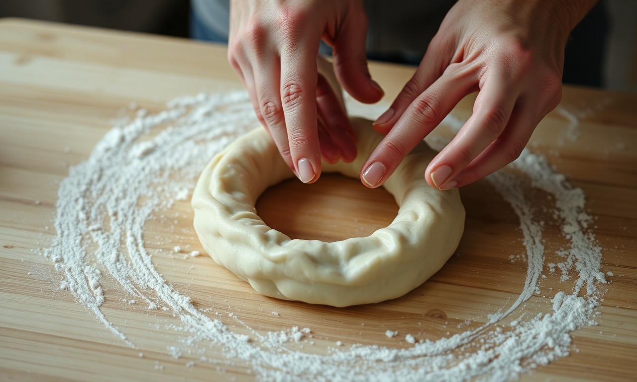 A etapa de moldar a massa em formato de rosquinha.