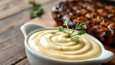 Molho Béarnaise cremoso e brilhante, com cor amarelo-ouro pálido, servido em uma tigela de cerâmica clara, acompanhado de folhas de estragão fresco e um bife grelhado ao fundo.