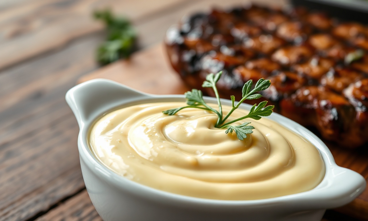 Molho Béarnaise cremoso e brilhante, com cor amarelo-ouro pálido, servido em uma tigela de cerâmica clara, acompanhado de folhas de estragão fresco e um bife grelhado ao fundo.