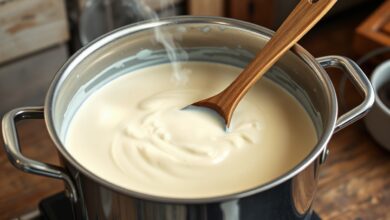 Uma panela grande e brilhante de molho branco perfeitamente liso e encorpado, pronto para servir uma multidão.