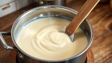 Molho branco homogêneo e aveludado servido em panela de aço inox, com textura densa e cor bege clara, pronto para montar a lasanha