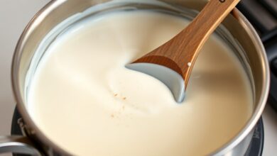 Molho branco cremoso e homogêneo em uma panela de aço inoxidável, com uma colher de pau, pronto para ser usado na lasanha.