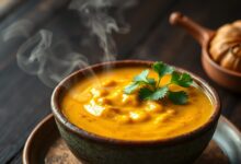 Um molho dourado e aromático de curry com leite de coco, servido em uma tigela de cerâmica sobre uma mesa de madeira rústica.