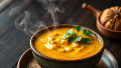 Um molho dourado e aromático de curry com leite de coco, servido em uma tigela de cerâmica sobre uma mesa de madeira rústica.