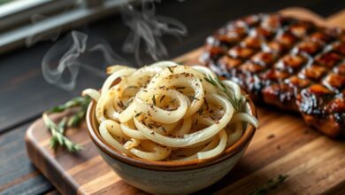 Tigela de molho de cebola fatiada em juliana, com orégano e azeite, pronta para acompanhar carnes grelhadas.