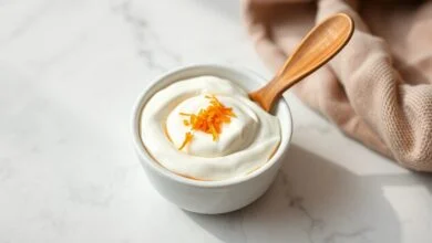 Tigela branca com molho cremoso de iogurte e laranja, com raspas de casca de laranja por cima e uma colher de madeira ao lado.