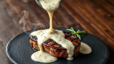 Molho gorgonzola aveludado e encorpado, despejado sobre um corte nobre de carne grelhada, com aparência de prato de restaurante.