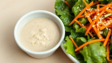 Tigela de cerâmica com molho cremoso de cor bege claro, ao lado de uma salada de folhas verdes frescas, cenoura ralada e gergelim.