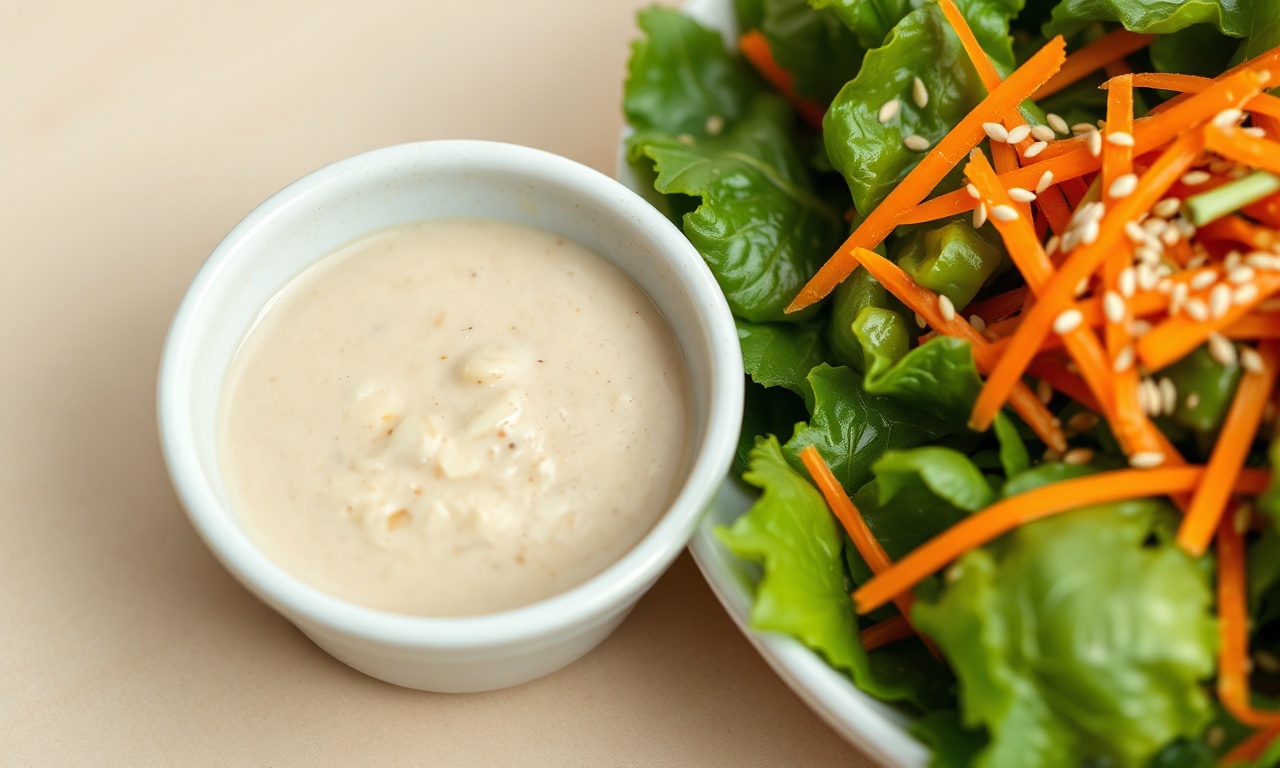 Tigela de cerâmica com molho cremoso de cor bege claro, ao lado de uma salada de folhas verdes frescas, cenoura ralada e gergelim.