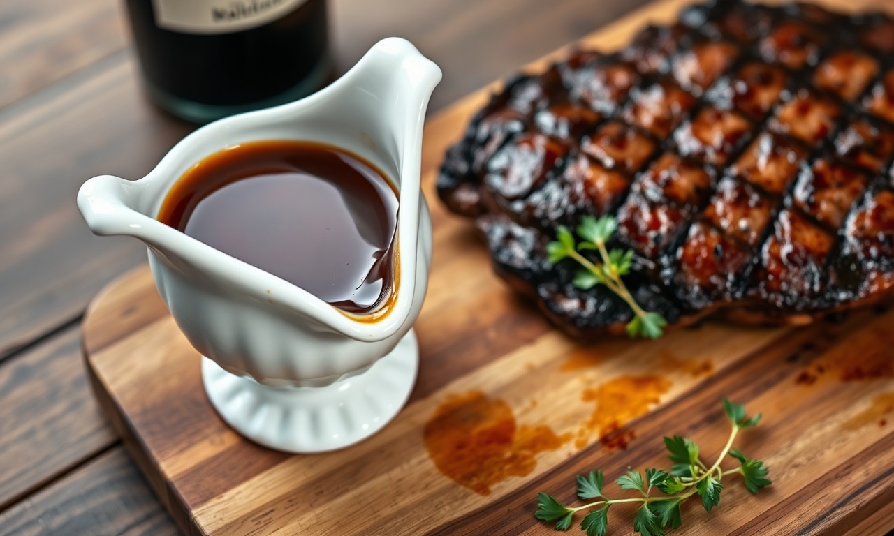 Um molho aveludado e encorpado, com cor acastanhada e brilho intenso, servido em uma molheira elegante ao lado de um bife perfeitamente grelhado.