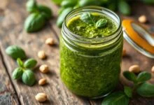 Um pote de vidro com molho pesto de cor verde vibrante, coberto por uma fina camada de azeite, com folhas de manjericão fresco e pinoli espalhados ao redor.