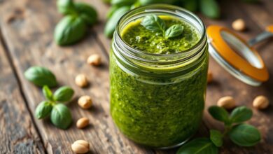 Um pote de vidro com molho pesto de cor verde vibrante, coberto por uma fina camada de azeite, com folhas de manjericão fresco e pinoli espalhados ao redor.