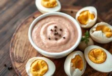 Tigela com molho cremoso e rosado, acompanhada de ovos de codorna perfeitamente descascados.