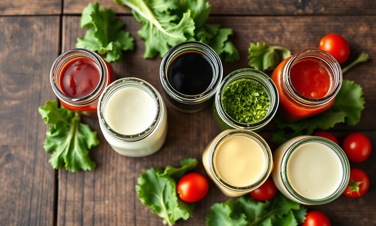 Cinco molhos de salada em potes de vidro, cada um com uma cor e textura distintas, dispostos sobre uma superfície de madeira rústica com folhas de alface frescas ao redor.