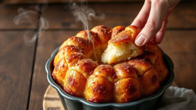 A monkey bread pronta, dourada e caramelizada, sendo desmontada à mesa.