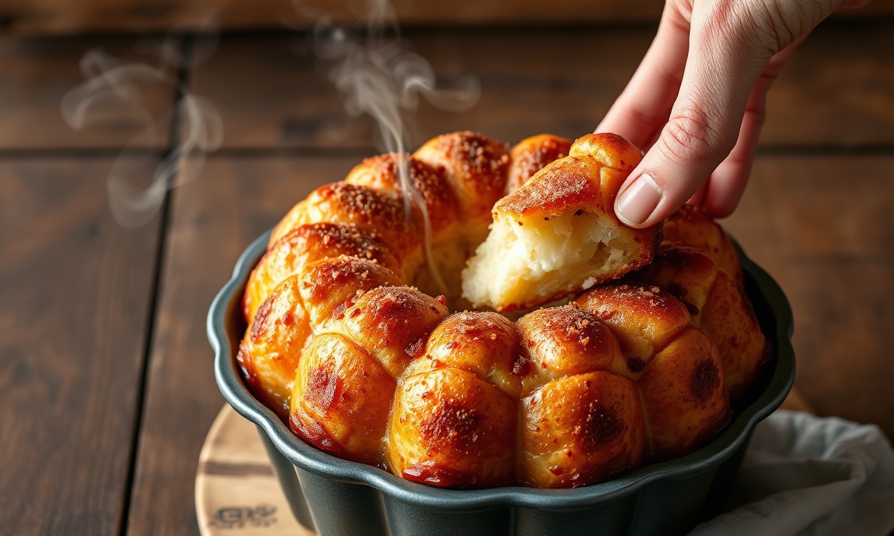 A monkey bread pronta, dourada e caramelizada, sendo desmontada à mesa.