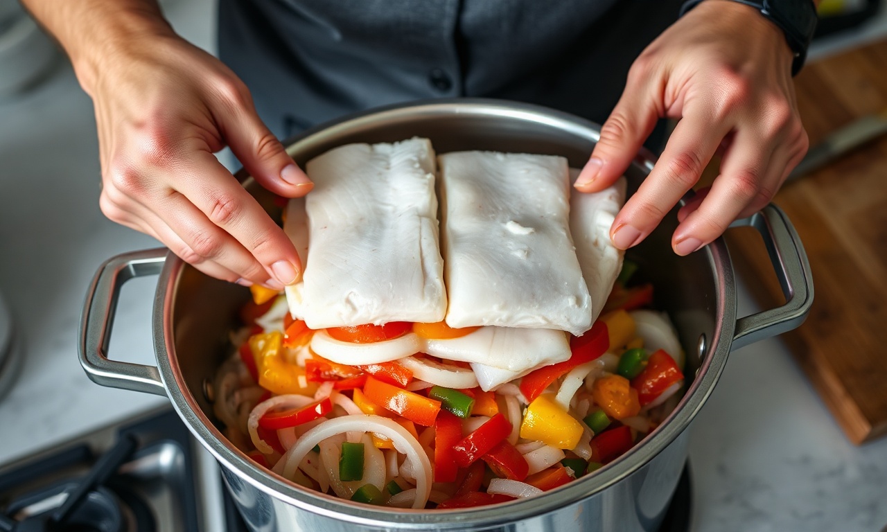 Moqueca De Piramutaba Rápida E Firme Na Pressão (40 Min) 5 O momento de montar as camadas de verduras e peixe dentro da panela.