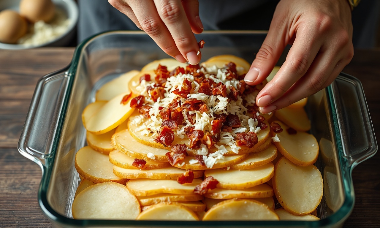 Mãos montando as camadas de batata, bacon e queijo na travessa untada.