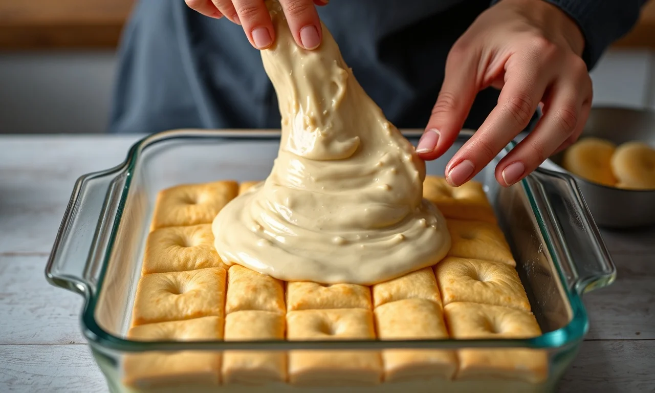 Mãos espalhando a camada de creme de leite condensado sobre os biscoitos maisena em um refratário retangular.