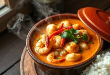Panela de barro com moqueca de camarão cremosa, camarões rosados sobre molho alaranjado aveludado, pedaços de pimentão vermelho e coentro fresco picado, servida ao lado de arroz branco