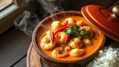 Panela de barro com moqueca de camarão cremosa, camarões rosados sobre molho alaranjado aveludado, pedaços de pimentão vermelho e coentro fresco picado, servida ao lado de arroz branco