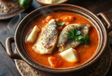 Moqueca de garoupa vibrante e encorpada, com filés inteiros sobre um caldo cremoso alaranjado, decorada com coentro fresco.